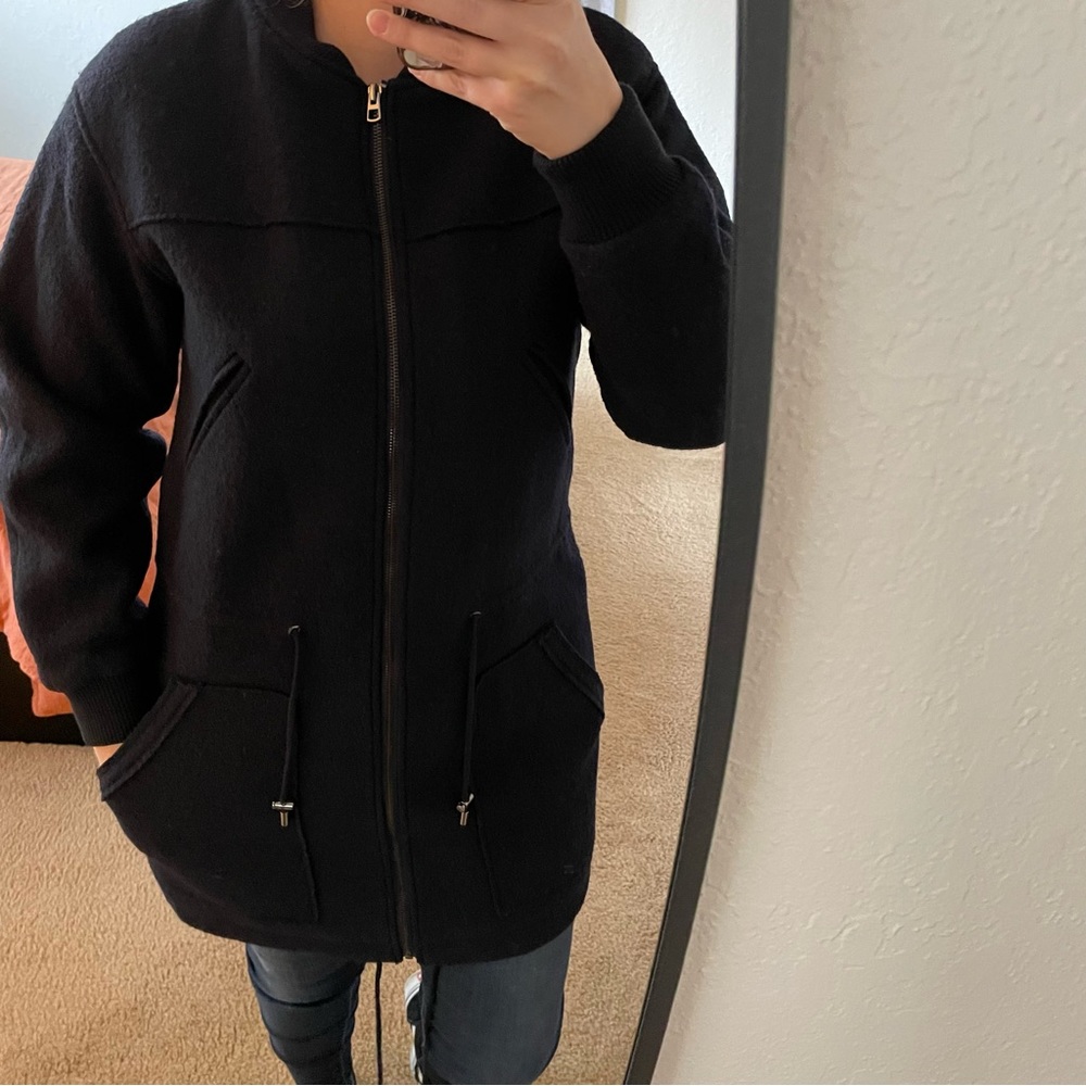 Mango suit navy blue wool coat jacket zip up and drawstring XS - Picture 5 of 11